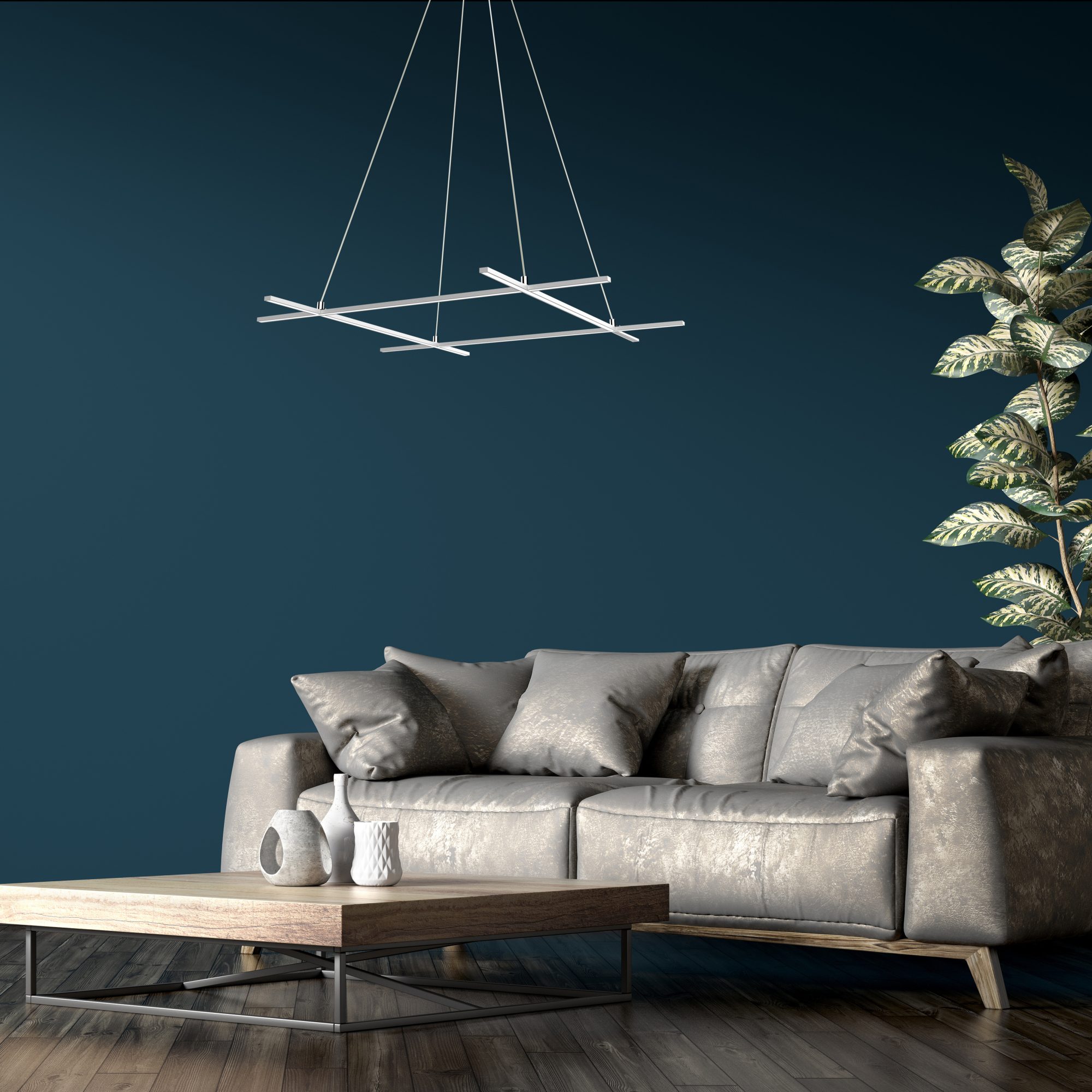 Świecąca lampa wisząca Valitano z granatową ścianą w tle