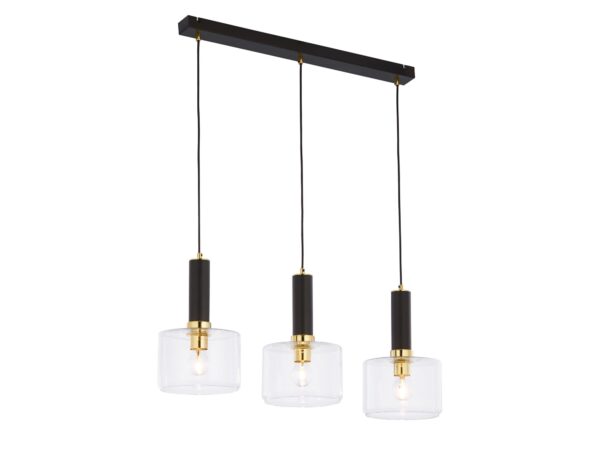 Lampa wisząca Vanes trzy punkty, złote detale i przezroczyste cylindryczne klosze