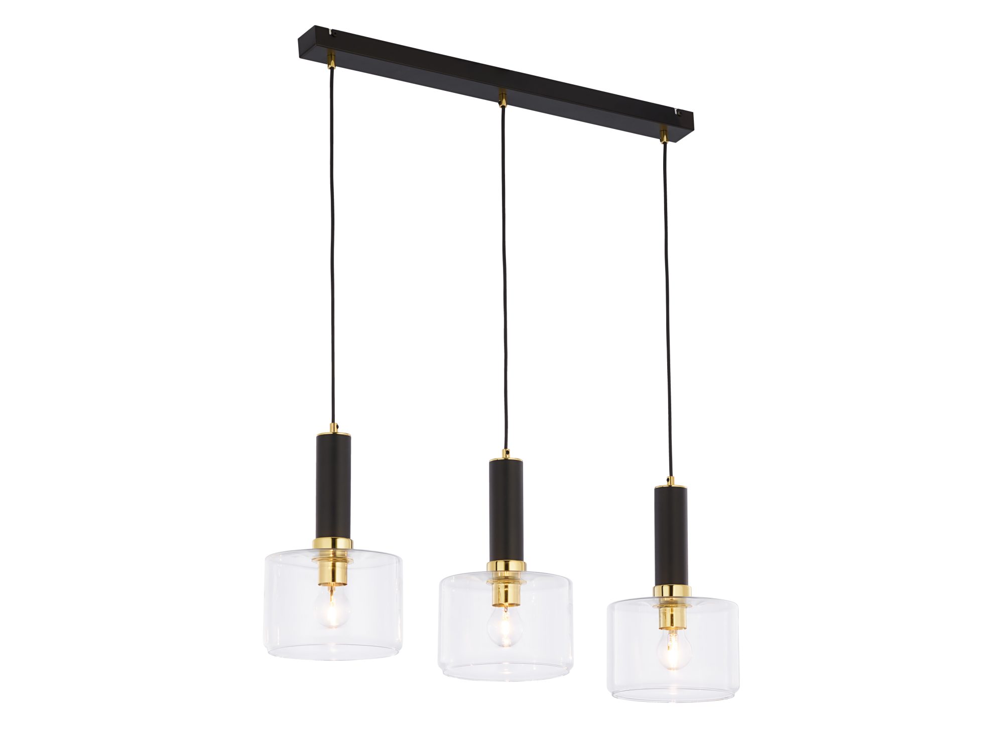 Lampa wisząca Vanes trzy punkty, złote detale i przezroczyste cylindryczne klosze