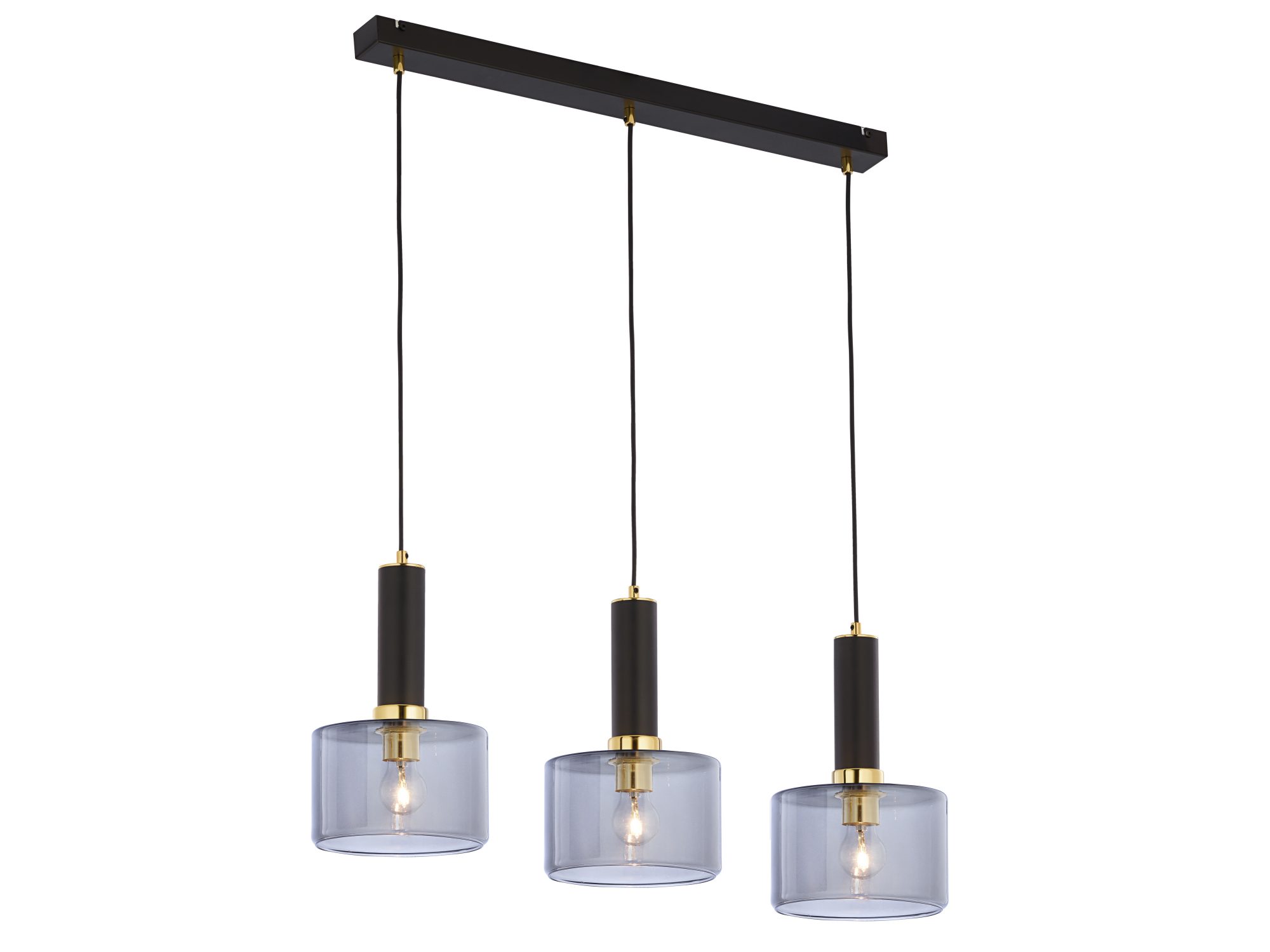 Lampa wisząca Vanes z czarną belką, złotymi detalami i przydymionym szkłem