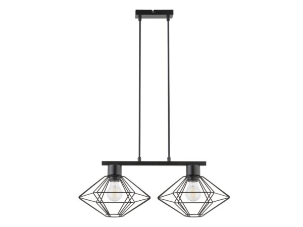 Czarna lampa wisząca Vario 2 z dwoma geometrycznymi stalowymi kloszami i pełnym zawieszeniem na białym tle