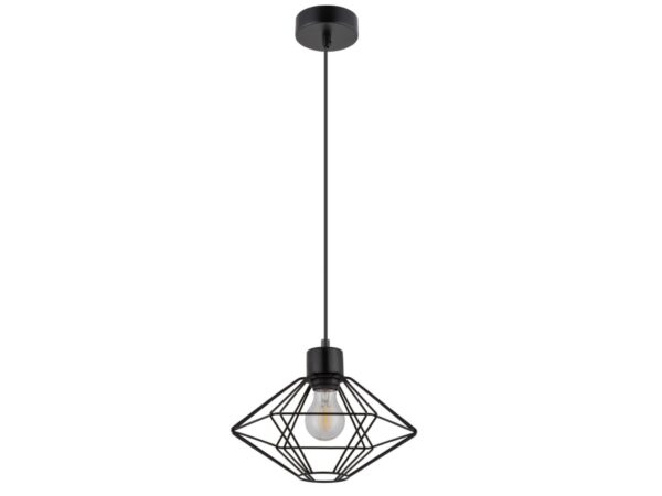 Lampa wisząca Vario S czarna z geometrycznym drucianym kloszem i rozetą sufitową na białym tle