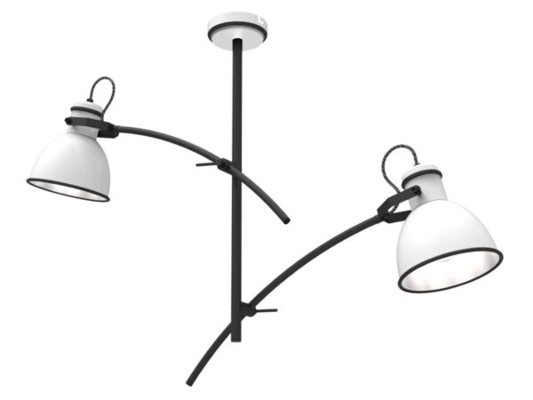 Lampa wisząca Veledira z dwoma białymi metalowymi reflektorami na czarnych ramionach