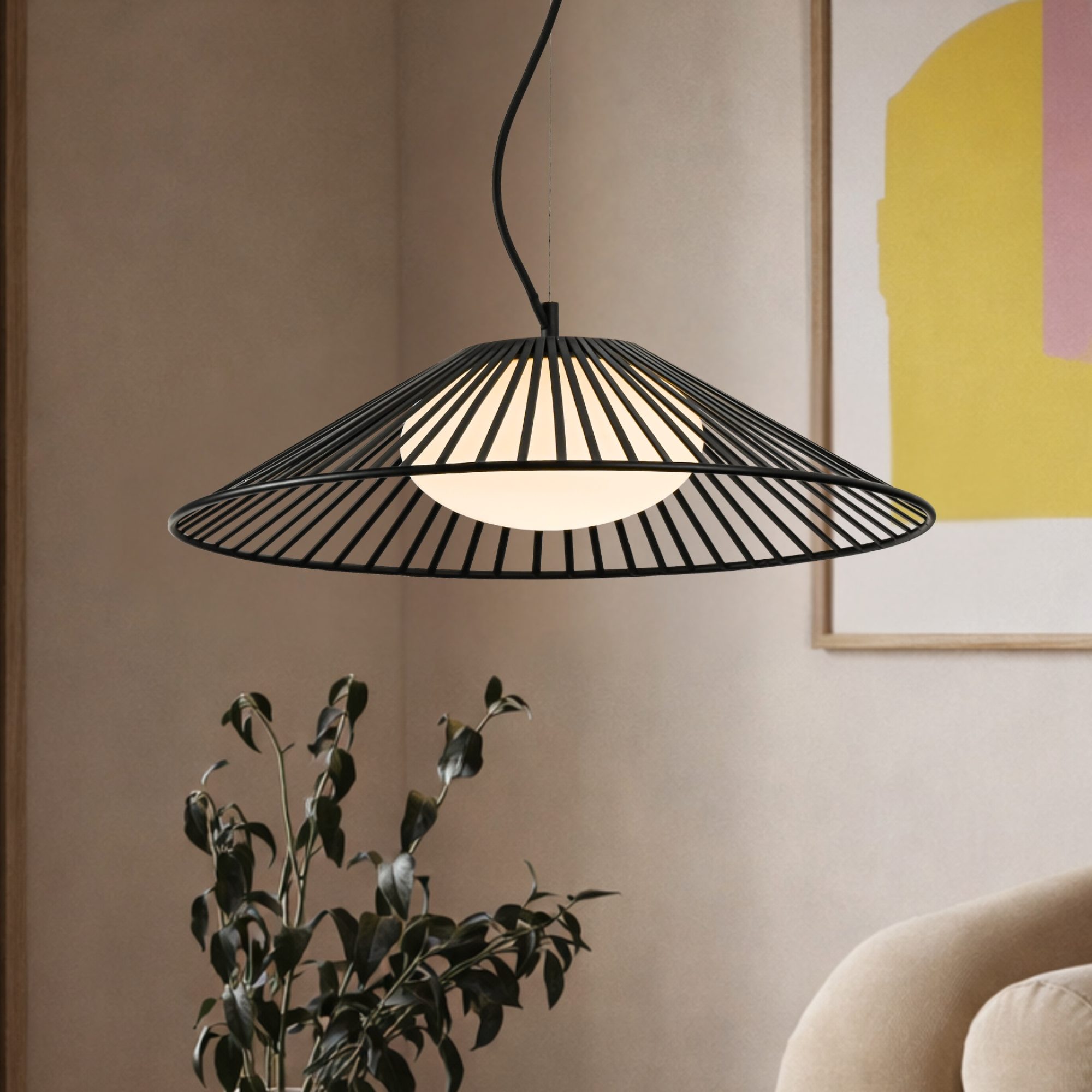 Lampa Velono 50 cm z ażurowym czarnym stelażem we wnętrzu salonu