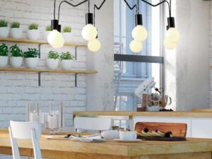 Miniaturka 5 - Czarna lampa Velovano ośmiopunktowa w kuchni nad drewnianym stołem