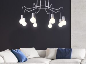 Miniaturka 3 - Lampa wisząca Velovano biała ośmiopunktowa nad jasną sofą w salonie
