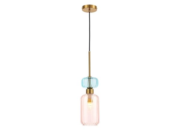 Lampa wisząca Venaria różowy klosz i turkusowy detal na białym tle