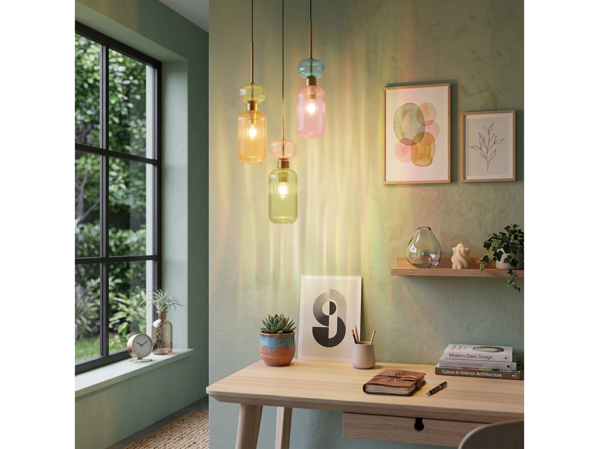 Lampa wisząca Venaria z trzema zwisami w salonie