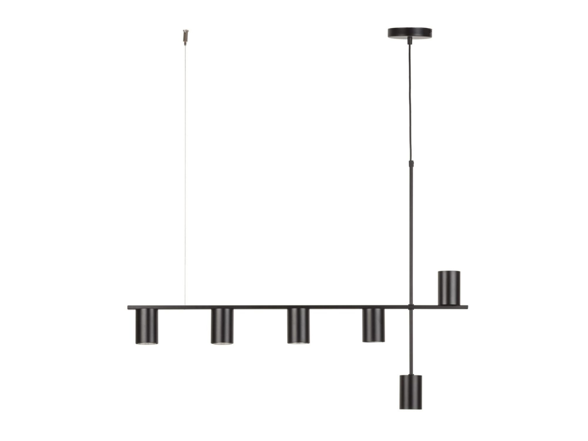 Lampa wisząca Vendo 6 czarna z sześcioma reflektorami GU10 na białym tle