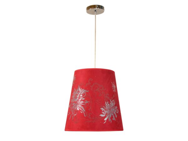 Lampa wisząca Veneso z czerwonym welurowym abażurem i jasnym dekoracyjnym wzorem
