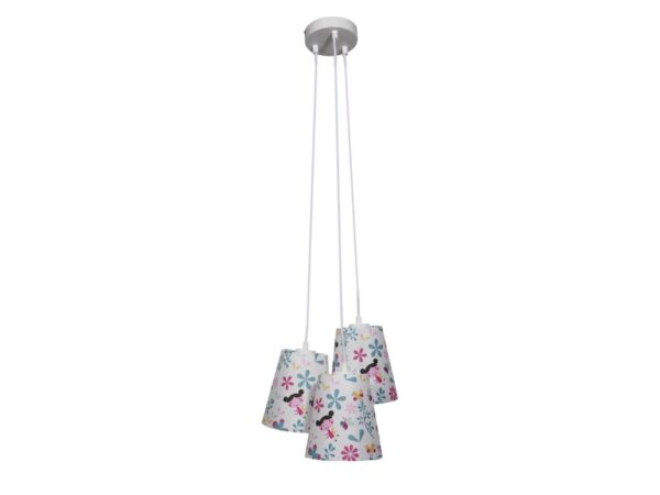 Lampa wisząca Venireta z trzema kolorowymi abażurami i białym zawieszeniem na białym tle