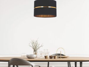 Miniaturka 1 - Czarno-złota lampa wisząca Venisia z tkaninowym abażurem w aranżacji