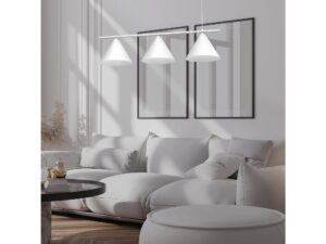 Miniaturka 11 - Aranżacja jasnego salonu z białą lampą wiszącą Venolo i trzema kloszami