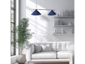 Miniaturka 16 - Granatowa lampa Venolo z dwoma kloszami nad białą sofą w jasnym salonie