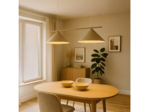 Miniaturka 17 - Kaszmirowa lampa wisząca Venolo z dwoma kloszami nad jasnym drewnianym stołem