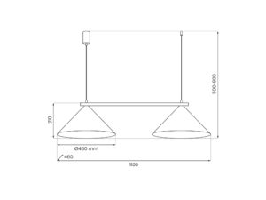 Miniaturka 18 - Rysunek wymiarowy dwupunktowej lampy Venolo szerokość 110 cm średnica kloszy 46 cm