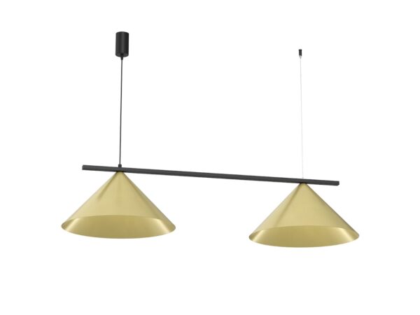 Lampa wisząca Venolo dwa stożkowe złote klosze na czarnej belce pełen widok na białym tle