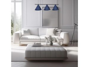 Miniaturka 9 - Granatowa trójpunktowa lampa wisząca Venolo w salonie z jasną sofą