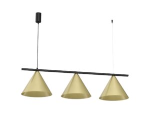Miniaturka 13 - Lampa wisząca Venolo z trzema złotymi stożkowymi kloszami na czarnej belce, pełen packshot