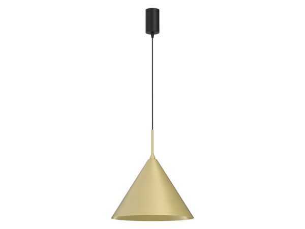 Lampa wisząca Venolo stożek 32 cm, złoty klosz i czarna podsufitka na białym tle