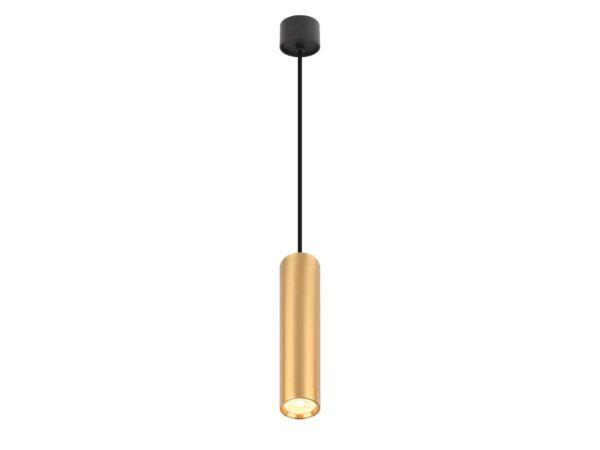 Wąska czarno-złota lampa wisząca Vesavia 1×GU10 z cylindrycznym kloszem na białym tle