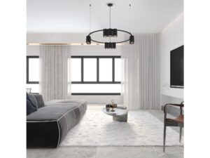 Miniaturka 3 - Czarna okrągła lampa Vesavia 10×GU10 w nowoczesnym salonie