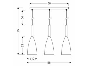 Miniaturka 1 - Lampa wisząca Vesomo – schemat wysokości 95 cm, szerokości 56 cm i trzech kloszy
