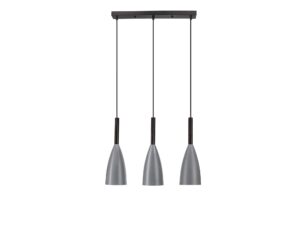 Miniaturka 2 - Lampa wisząca Vesomo z trzema szarymi kloszami i czarną listwą sufitową, na białym tle
