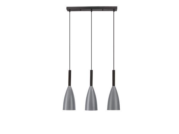 Lampa wisząca Vesomo z trzema szarymi kloszami i czarną listwą sufitową, na białym tle