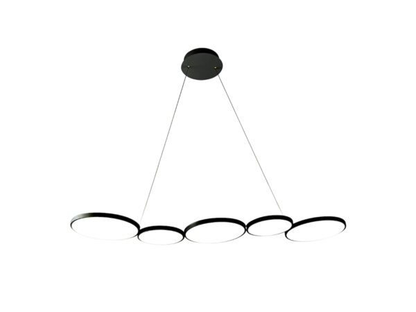 Czarna lampa wisząca Vesonio LED 50 W z pięcioma pierścieniami na białym tle