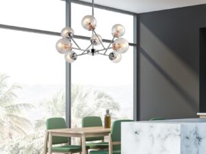 Miniaturka 2 - Lampa wisząca Vesovina w jadalni przy drewnianym stole i zielonych krzesłach