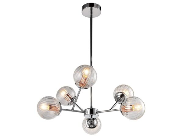 Lampa wisząca Vesovina z sześcioma przezroczystymi szklanymi kloszami oraz chromowaną konstrukcją