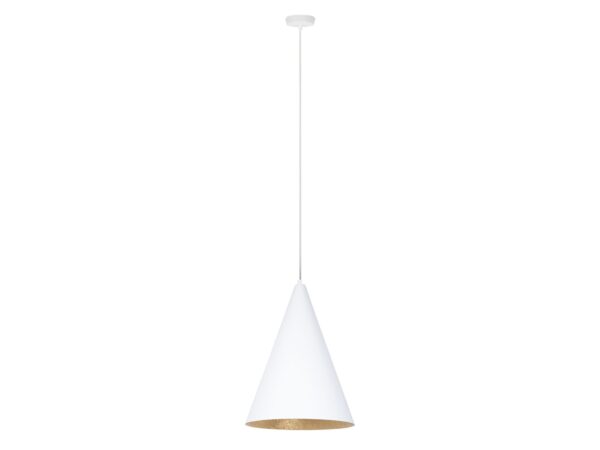 Lampa wisząca Vesuvio S biało-złota z wysokim stożkowym kloszem i białą rozetą