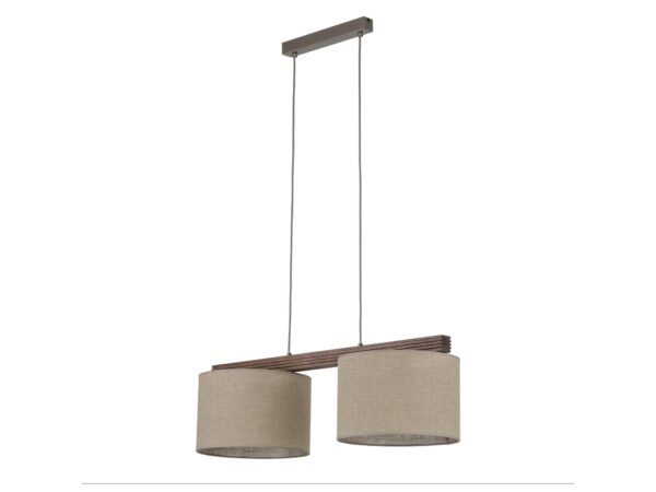 Lampa wisząca Viga Shade dwa lniane abażury i ciemna ryflowana belka