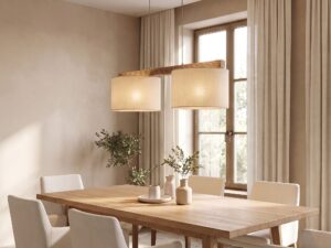 Miniaturka 3 - Lampa wisząca Viga Shade z dwoma lnianymi abażurami w aranżacji jadalni