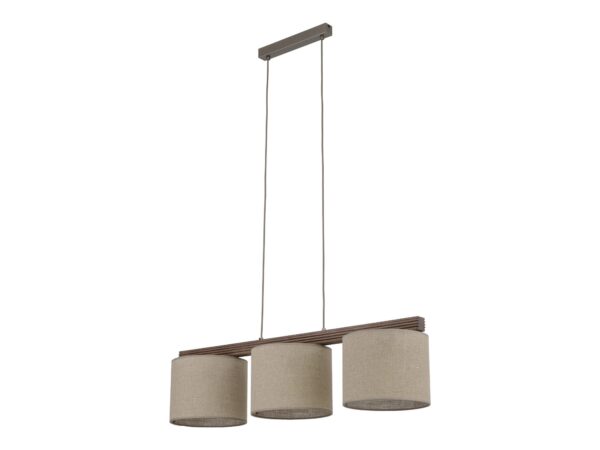 Lampa wisząca Viga Shade trzy źródła światła, orzechowa ryflowana belka i trzy lniane abażury