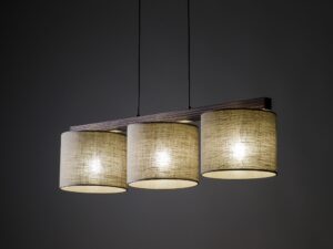 Miniaturka 1 - Lampa wisząca Viga Shade z trzema świecącymi tkaninowymi abażurami i ciemnym drewnem