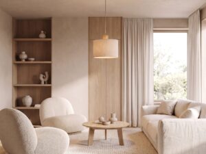 Miniaturka 1 - Lampa wisząca Viga Shade z naturalnym jasnym abażurem w przytulnym salonie