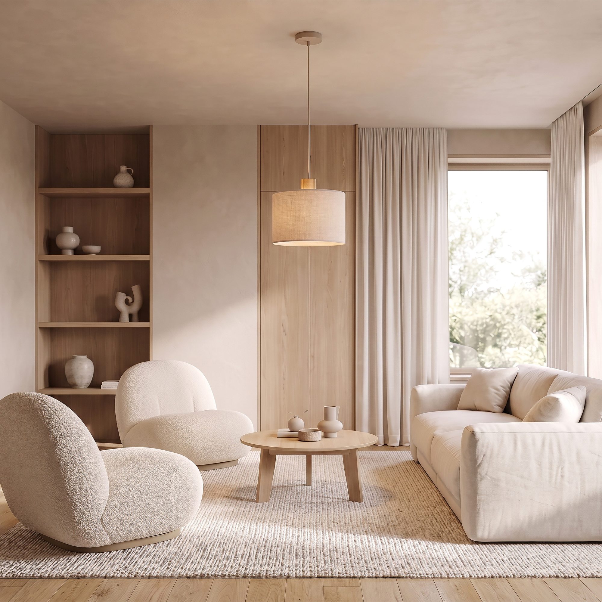 Lampa wisząca Viga Shade z naturalnym jasnym abażurem w przytulnym salonie