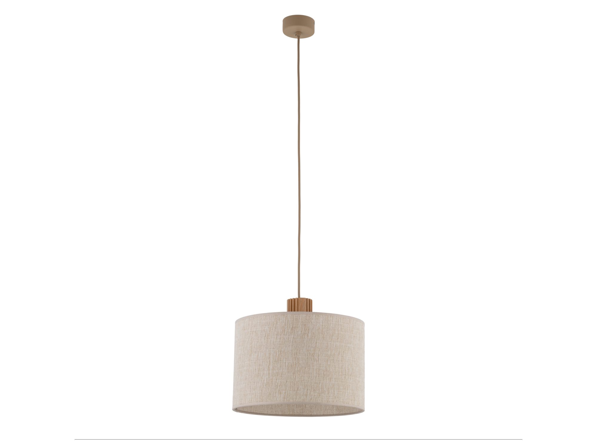 Lampa wisząca Viga Shade z jasnym lnianym abażurem i ryflowanym drewnem