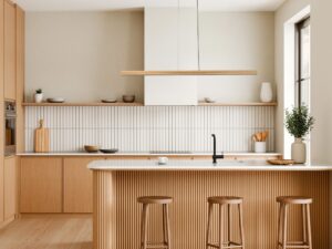 Miniaturka 3 - Jasna lampa wisząca Viga Wood LED w aranżacji nad wyspą kuchenną