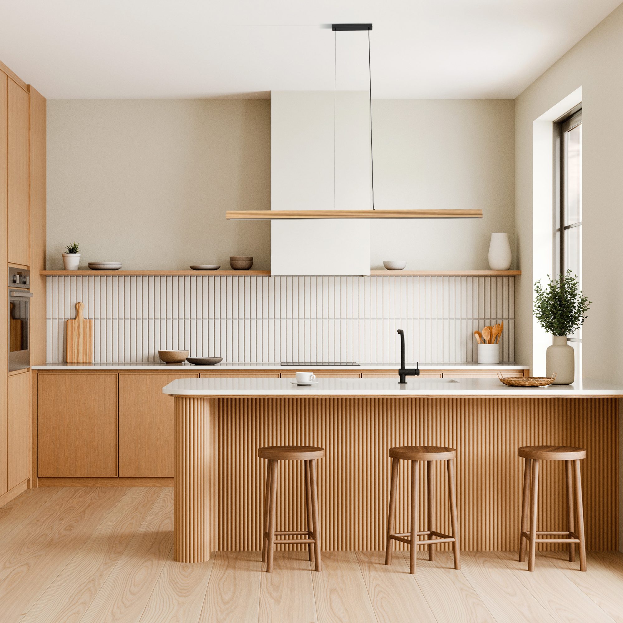 Jasna lampa wisząca Viga Wood LED w aranżacji nad wyspą kuchenną