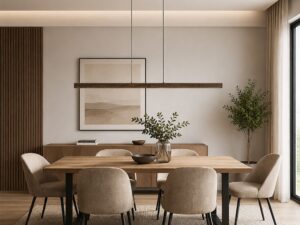Miniaturka 2 - Lampa wisząca Viga Wood LED w wybarwieniu orzechowym nad stołem w jadalni