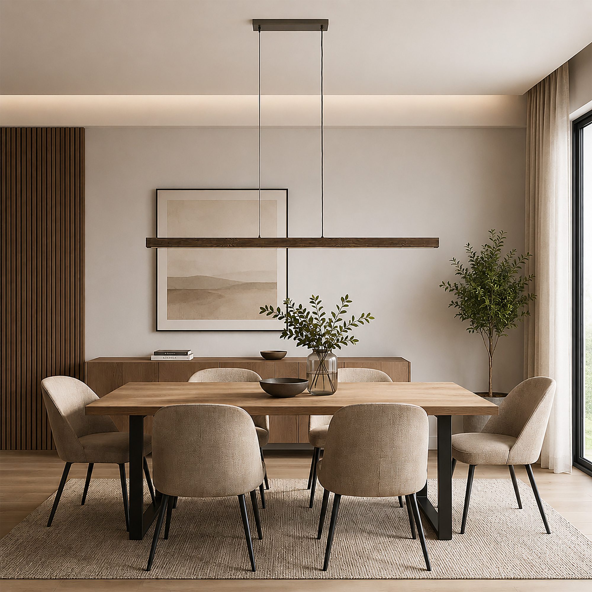 Lampa wisząca Viga Wood LED w wybarwieniu orzechowym nad stołem w jadalni