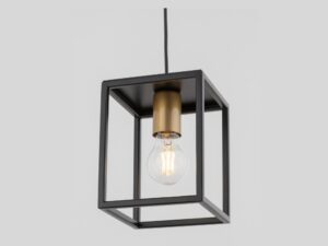 Miniaturka 2 - Lampa wisząca Vigo 1, widok ukośny otwartej stalowej ramy i złotej oprawki