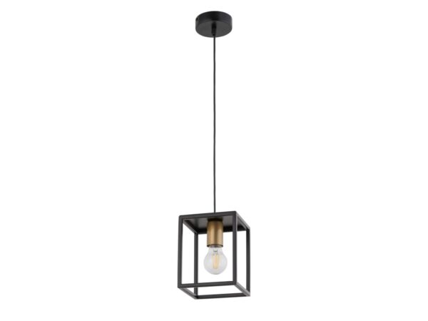Lampa wisząca Vigo 1 czarno-złota z otwartą metalową ramką i pełnym zawieszeniem na białym tle