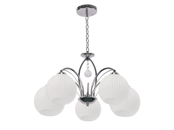 Lampa wisząca Viresia chromowana z pięcioma białymi kloszami na łańcuchu