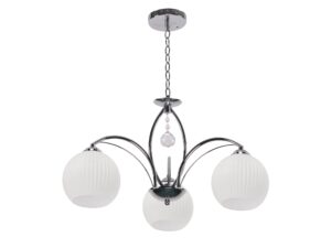 Miniaturka 2 - Chromowana lampa wisząca Viresia z trzema białymi ryflowanymi szklanymi kloszami