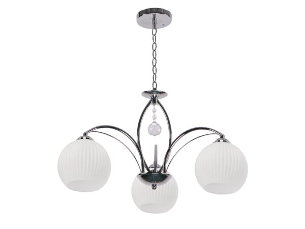 Chromowana lampa wisząca Viresia z trzema białymi ryflowanymi szklanymi kloszami