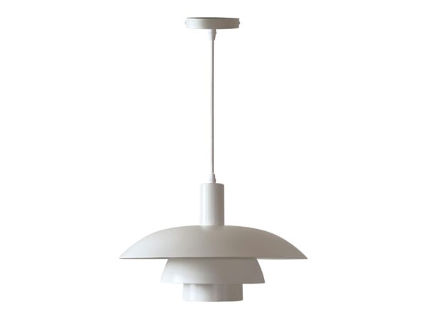 Biała lampa wisząca Virinela z trójwarstwowym metalowym kloszem na białym tle